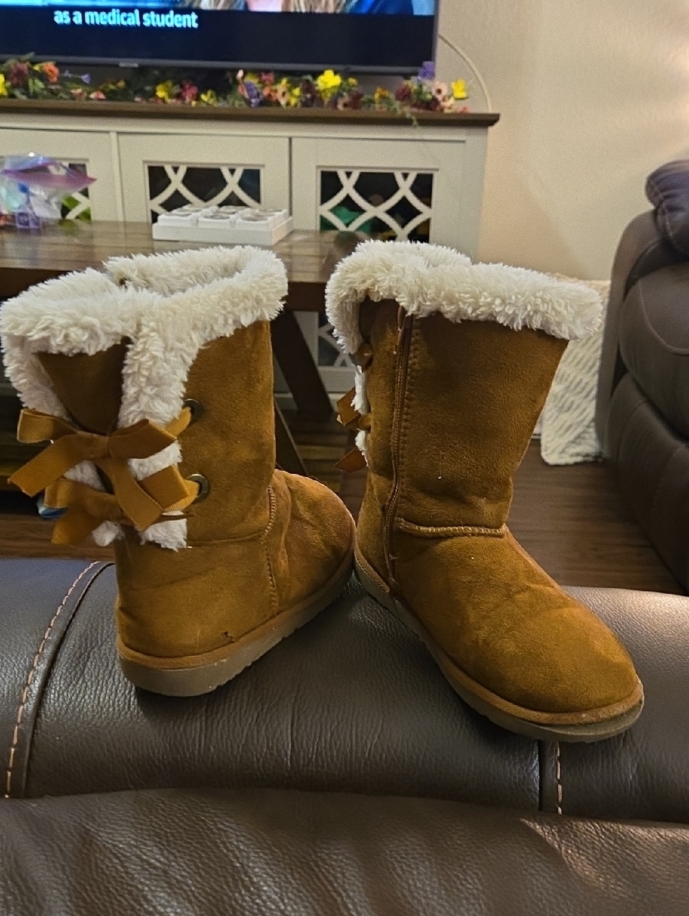 Kids Chestnut Faux Suede Shearling Lined Winter Boots